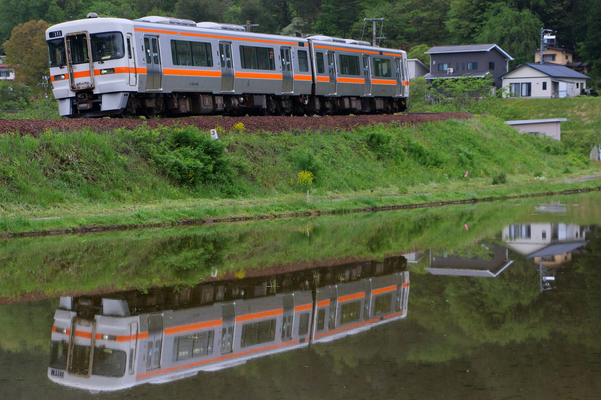 水鏡になった田んぼを走る普通列車