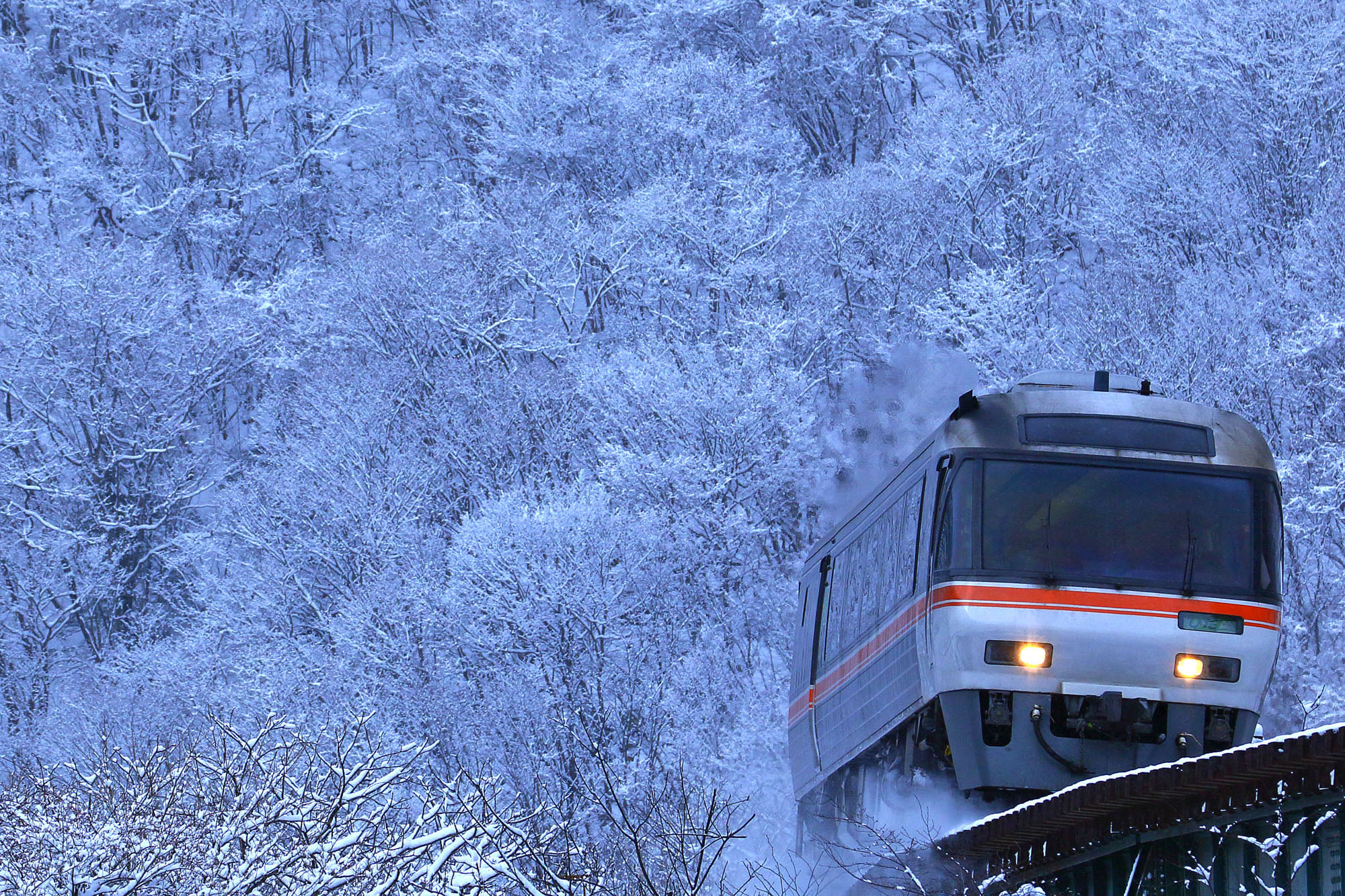 雪景色の中を走る特急ワイドビューひだ号