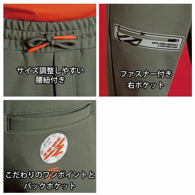 アイズフロンティア 8930・8933 秋冬作業服 作業着 P.D.ストレッチスウェットフルジップフーディー・ジョガーパンツ上下セット（ジェイディカーキ）